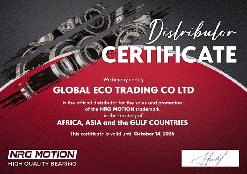 Distributor certificate: Global Eco Trading Co Ltd is the official distributor of the NRG MOTION trademark in Africa, Asia and the Gulf Countries, valid until 14 October 2026.